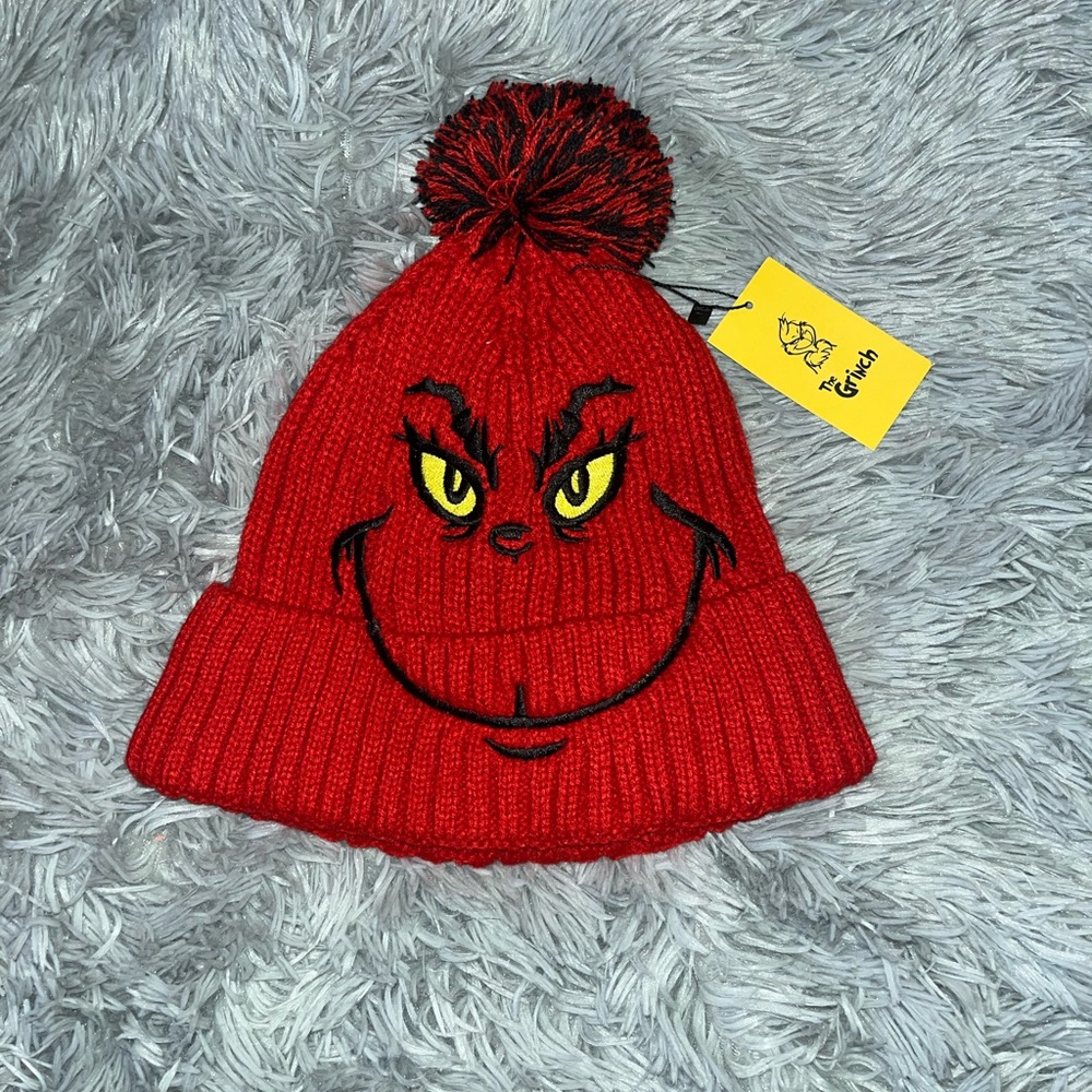 Red Grinch Beanie with Black & Red Pom Pom